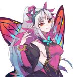  1girl absurdres blue_hair breasts closed_mouth fairy_wings fire_emblem fire_emblem_heroes grey_hair highres lazymimium long_hair multicolored_hair plumeria_(fire_emblem) pointy_ears ponytail red_eyes sideboob simple_background solo twitter_username upper_body white_background wings 