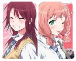  2girls ;p ^_^ bag bag_charm bang_dream! bangs blue_neckwear charm_(object) closed_eyes collared_shirt grin haneoka_school_uniform heart long_hair low_twintails multiple_girls one_eye_closed outline pink_background pink_hair polka_dot polka_dot_background re_ghotion red_background red_hair school_bag school_uniform shirt smile striped striped_neckwear sweater_vest tongue tongue_out twintails udagawa_tomoe uehara_himari upper_body v-shaped_eyebrows white_outline white_shirt 