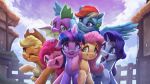  2019 absurd_res applejack_(mlp) earth_pony equid equine feathered_wings feathers female feral fluttershy_(mlp) friendship_is_magic green_eyes grin group hi_res horn horse mammal my_little_pony one_eye_closed open_mouth open_smile outside pinkie_pie_(mlp) pony pterippus rainbow_dash_(mlp) rarity_(mlp) scalie smile spike_(mlp) twilight_sparkle_(mlp) unicorn vanillaghosties wings wink 