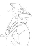  2018 anthro armor belt big_breasts big_butt black_and_white bottomless bracers breasts butt clothed clothing crop_top daystone domestic_cat ear_piercing felid feline felis female fur half-closed_eyes kocia_pierdocia looking_back mammal melee_weapon monochrome narrowed_eyes nipple_outline notched_ear partially_clothed piercing rear_view shirt sketch sleeveless smile solo standing sword thick_thighs topwear weapon whiskers zokva 
