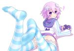  1girl barefoot bed bed_sheet choujigen_game_neptune d-pad d-pad_hair_ornament feet hair_ornament legs_up leo_2 looking_at_viewer looking_back lying neptune_(series) no_shoes on_bed on_stomach personification pillow pov_feet power_symbol soles solo striped striped_legwear the_pose 