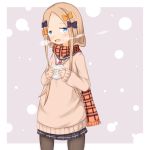  1girl :d abigail_williams_(fate/grand_order) alternate_costume bangs baozi black_bow black_sailor_collar black_skirt blue_eyes blush bow breath brown_background brown_legwear brown_scarf brown_sweater commentary_request enpera eyebrows_visible_through_hair fate/grand_order fate_(series) food food_on_face forehead fringe_trim hair_bow highres holding holding_food light_brown_hair long_hair long_sleeves looking_at_viewer open_mouth orange_bow pantyhose parted_bangs plaid plaid_scarf plaid_skirt polka_dot polka_dot_bow red_neckwear sailor_collar scarf school_uniform serafuku shirt skirt sleeves_past_wrists smile solo su_guryu sweater two-tone_background very_long_hair white_background white_shirt 
