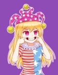  1girl american_flag_dress american_flag_shirt blonde_hair chomae clownpiece evil_smile fairy forced_smile hat highres jester_cap neck_ruff pink_eyes polka_dot polka_dot_hat smile star star_print striped touhou 