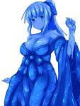  1girl blue_dress blue_eyes blue_hair blue_skin bow breasts cleavage clenched_hand dress goo_girl hair_bow hand_up monster_girl original ponytail rethnick sidelocks simple_background solo standing white_background wide_sleeves 