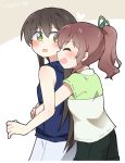  2girls :d :o ^_^ artist_name bang_dream! bangs black_hair black_pants blue_pants blue_shirt blush brown_hair closed_eyes green_ribbon green_shirt gyaheung hair_ribbon hanazono_tae heart hug hug_from_behind long_hair looking_back multiple_girls open_mouth pants ponytail ribbon shirt sidelocks smile yuri 