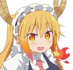  1girl :d bangs black_hairband blonde_hair breathing_fire collared_shirt ddak5843 dragon_horns eyebrows_visible_through_hair fang fire frilled_hairband frills hair_between_eyes hairband horns kobayashi-san_chi_no_maidragon long_hair looking_at_viewer open_mouth pink_neckwear puffy_short_sleeves puffy_sleeves red_eyes shirt short_sleeves sidelocks slit_pupils smile solo tooru_(maidragon) twintails upper_body white_shirt 