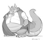  anthro belly big_belly blurthefur cape chubby_cheeks claws clothed clothing costume ear_fins fin greyscale kobold male monochrome obese obese_male open_mouth open_smile overweight overweight_male scales scalie simple_background smile solo standing thick_tail thick_thighs toe_claws white_background 