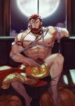  1boy abs bandages bara beard blood cape censored chest facial_hair fate/zero fate_(series) halloween highres icelernd looking_at_viewer male_focus moon muscle nipples pectorals pumpkin red_eyes red_hair rider_(fate/zero) smile solo veins 