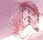 2girls ^_^ bang_dream! blush breasts cleavage closed_eyes forehead_kiss hand_on_another&#039;s_chest kiss long_hair lying multiple_girls on_side pillow pink_camisole pink_hair re_ghotion red_hair tank_top udagawa_tomoe uehara_himari under_covers yuri 