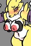  animated anthro badassbaal black_sclera blue_eyes blush breast_torture breasts canid canine digimon digimon_(species) disembodied_hand female fur grey_background hand_on_breast mammal nipples nude renamon shy simple_background white_body white_fur yellow_body yellow_fur 