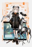  1girl bat bird blush bug dog fish grey_hair hair_ornament highres jacket jellsuimu mecha mecha_musume mechanical mechanization no_humans oldschool original robot science_fiction shoes short_hair snake spider 