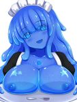  1girl :d blue_eyes blue_skin breast_rest breasts carried_breast_rest goo_girl large_breasts long_hair looking_at_viewer maid monster_girl nipples open_mouth original rethnick simple_background smile solo spoon tentacle_hair tray upper_body white_background 
