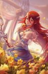  1girl blush bow_(weapon) bride bride_(fire_emblem) closed_mouth cloud cordelia_(fire_emblem) dress field fire_emblem fire_emblem_awakening fire_emblem_heroes flower flower_field from_side hair_between_eyes hair_ornament holding holding_bow_(weapon) holding_flower holding_weapon kaijuicery long_hair looking_at_viewer looking_to_the_side outdoors petals red_eyes red_hair sky smile solo weapon wedding_dress white_dress yellow_flower 