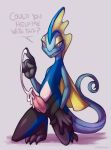  2019 absurd_res anthro blue_body bodily_fluids cum digital_media_(artwork) erection genital_fluids half-closed_eyes hi_res inteleon knot long_tail looking_at_viewer male narrowed_eyes nintendo penis pok&eacute;mon pok&eacute;mon_(species) reptile scalie simple_background slit smile solo spookybooty tapering_penis text video_games yellow_eyes 