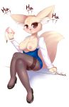  aggressive aggressive_retsuko blush breasts canid canine clothing female fennec fenneko fox holding_object holding_phone legwear mammal nipples phone sanrio simple_background 