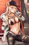  1girl bangs bikini black_bikini black_pants blonde_hair blue_eyes blush breasts bullet can choker collarbone cross cross_earrings denim earrings eyebrows_visible_through_hair fur-trimmed_jacket fur_hat fur_trim girls_frontline hair_between_eyes half-closed_eyes hat highres holding holding_can jacket jeans jewelry long_hair looking_at_viewer monster_energy mosin-nagant_(girls_frontline) multi-strapped_bikini multiple_rings o-ring o-ring_choker open_clothes open_fly open_jacket open_mouth pants russian_flag sidelocks sitting skindentation solo swimsuit testame tongue tongue_out torn_clothes torn_jeans torn_pants white_jacket 