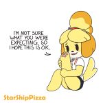  animal_crossing anthro bell blush canid canine canis clothed clothing dialogue domestic_dog english_text female fur hair isabelle_(animal_crossing) mammal nintendo shih_tzu smile starshippizza text toy_dog video_games white_body white_fur yellow_body yellow_fur 