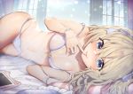  1girl bare_shoulders bed_sheet blonde_hair blue_bra blue_eyes blue_panties bra breasts cat_ear_panties emori_el emori_miku_project finger_to_mouth hair_ribbon ipad karinto_yamada lingerie long_hair looking_at_viewer lying navel on_side panties ribbon see-through small_breasts smile solo strap_slip tablet_pc thighs underwear underwear_only window wrist_cuffs 
