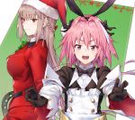  1boy astolfo_(fate) astolfo_(saber)_(fate) bangs black_bow black_cola black_gloves black_ribbon blush bow bowtie braid breasts commentary_request eyebrows_visible_through_hair fate/grand_order fate_(series) florence_nightingale_(fate/grand_order) gloves hair_bow hair_intakes hair_ribbon hat heart heart-shaped_pupils highres jacket large_breasts long_hair long_sleeves looking_at_viewer multicolored_hair otoko_no_ko pink_hair purple_eyes red_jacket ribbon santa_hat smile streaked_hair symbol-shaped_pupils twintails white_hair 