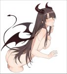  1girl aiko_(kanl) ass bent_over breasts brown_hair cropped_legs demon_girl demon_horns demon_tail demon_wings horns invisible_wall long_hair looking_at_viewer medium_breasts nude original parted_lips sidelocks simple_background solo tail tail_raised taya_(aiko) very_long_hair white_background wings yellow_eyes 