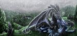  2012 dragon duo fantasy female feral feral_on_feral grass hi_res ijoe kissing love lying male membrane_(anatomy) membranous_wings outside raining romantic_couple scalie sky tree valyrym wings 