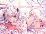  1girl ;d ahoge animal_ear_fluff animal_ears bangs bed_sheet black_ribbon blurry blurry_background blush breasts cat_ears cat_girl cat_tail cleavage commentary_request crescent crescent_hair_ornament depth_of_field eyebrows_visible_through_hair fang feathered_wings flower frilled_pillow frills hair_ornament hair_ribbon lingerie long_hair looking_at_viewer low_wings lying medium_breasts mini_wings nail_polish negligee nemuri_nemu on_side one_eye_closed open_mouth original pillow pillow_grab red_eyes red_nails ribbon rose see-through silver_hair smile solo tail thighhighs underwear very_long_hair white_legwear white_ribbon white_wings window wings yellow_flower yellow_rose 
