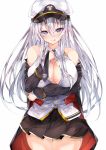 1girl :q azur_lane bangs bare_shoulders black_neckwear blush breasts coat collared_shirt cowboy_shot enterprise_(azur_lane) eyebrows_visible_through_hair hat highres large_breasts long_hair looking_at_viewer mutou_(94753939) necktie partially_unbuttoned peaked_cap purple_eyes shirt silver_hair simple_background skirt sleeveless sleeveless_shirt smile solo thighs tongue tongue_out very_long_hair white_background white_shirt 