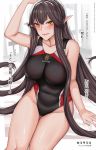 angry black_hair black_swimsuit blush breasts competition_swimsuit eyebrows_visible_through_hair fate/apocrypha fate/grand_order fate_(series) hanada_yanochi hand_to_head large_breasts legs_together long_hair multicolored multicolored_clothes multicolored_swimsuit name_tag navel one-piece_swimsuit pointy_ears semiramis_(fate) sitting skin_tight swimsuit translation_request very_long_hair white_background yellow_eyes 