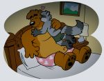  &lt;3 2015 anthro bed belly butt clothing duo eyes_closed furniture hug kissing male male/male mammal navel overweight overweight_male pillow procyonid raccoon sitting tony_comics underwear ursid 