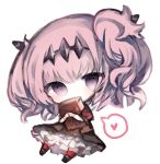  1girl bangs black_dress black_footwear blush book chibi commentary_request cottontailtokki covered_mouth dress fran_(shadowverse) full_body headpiece heart kneehighs looking_at_viewer object_hug pink_hair puffy_short_sleeves puffy_sleeves purple_eyes red_legwear shadowverse shingeki_no_bahamut short_sleeves simple_background solo spoken_heart two_side_up white_background 