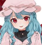  1girl :p alternate_hair_length alternate_hairstyle bangs blue_hair blush bow commentary_request dress fang gotoh510 hat hat_bow juliet_sleeves long_hair long_sleeves looking_at_viewer mob_cap pink_dress pink_headwear puffy_sleeves red_bow red_eyes remilia_scarlet simple_background smile solo tongue tongue_out touhou upper_body white_background 