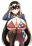  1girl american_flag_bikini arm_behind_head asymmetrical_footwear asymmetrical_gloves bangs bikini blue_jacket blush breasts brown_gloves brown_hair cosplay cross-laced_legwear earrings fate/grand_order fate_(series) flag_print gloves hair_between_eyes halterneck headpiece highres hoop_earrings huge_breasts jacket jewelry kanno_takanori long_hair looking_at_viewer miyamoto_musashi_(fate/grand_order) miyamoto_musashi_(swimsuit_berserker)_(fate) miyamoto_musashi_(swimsuit_berserker)_(fate)_(cosplay) purple_eyes shrug_(clothing) simple_background single_thigh_boot solo squatting swimsuit white_background xuanzang_(fate/grand_order) 