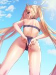  1girl absurdres ass back bare_arms bare_shoulders bikini blonde_hair blue_bikini blue_eyes blue_sky bradamante_(fate/grand_order) closed_mouth commentary_request dax dolce_(dolsuke) dutch_angle eyebrows_visible_through_hair fate/grand_order fate_(series) feet_out_of_frame from_behind from_below hair_between_eyes highres long_hair looking_at_viewer looking_back looking_down outdoors profile sky smile solo standing swimsuit thighs trefoil very_long_hair 