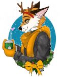  2019 anthro beverage canid canine christmas clothed clothing coffee digital_media_(artwork) dis dis_the_fox eyewear fox fur glasses gloves handwear headgear headwear hi_res holidays jacket mammal mystictalon portrait scarf side_view simple_background smile solo topwear winter wreath 