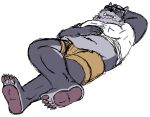  3_eyes anthro belly bottomwear clothed clothing frungusart fur hand_behind_head hi_res lying male mammal multi_ear multi_eye navel on_back open_shirt overweight overweight_male pants shirt solo tokyo_afterschool_summoners topwear tsathoggua video_games 