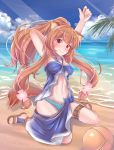  1girl absurdres aisha_(rfrm) animal_ear_fluff animal_ears arms_up ball bangs beach beachball bikini blue_bikini blue_sky blush breasts brown_footwear brown_hair cloud commentary_request day eyebrows_visible_through_hair groin halterneck head_tilt highres long_hair long_ponytail looking_at_viewer medium_breasts navel ocean outdoors partial_commentary raccoon_ears raccoon_tail raphtalia red_eyes sandals sarong shadow sitting sky smile solo stomach stretch swimsuit tail tate_no_yuusha_no_nariagari thigh_strap thighs wariza water 