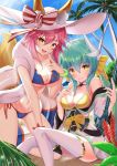  2girls animal_ear_fluff animal_ears aqua_hair bikini blue_bikini blue_sky blush bow bow_bikini breasts closed_mouth cloud cocoablue23 collarbone commentary commentary_request dragon_girl dragon_horns ears_through_headwear eyebrows_visible_through_hair fang fate/grand_order fate_(series) finger_to_mouth fox_ears fox_girl fox_tail frilled_bikini frills groin hair_ribbon hand_on_own_chest hat highres horns innertube kiyohime_(fate/grand_order) kiyohime_(swimsuit_lancer)_(fate) large_breasts long_ponytail looking_at_viewer multiple_girls multiple_horns naginata navel open_mouth outdoors palm_leaf palm_tree pink_hair polearm ribbon side-tie_bikini skin_fang sky sun_hat swimsuit tail tamamo_(fate)_(all) tamamo_no_mae_(swimsuit_lancer)_(fate) tree weapon white_legwear yellow_bikini yellow_bikini_top yellow_bow yellow_eyes yellow_ribbon 