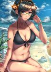  1girl alternate_costume beach bikini black_bikini black_hair blue_eyes blue_sky breasts cloud collarbone day front-tie_bikini front-tie_top glasses green-framed_eyewear hairband headgear highres kantai_collection kazu_(otonoki86) kirishima_(kantai_collection) medium_breasts navel ocean outdoors short_hair sky solo swimsuit 