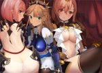  3girls aqua_eyes armor ass back bangs blue_eyes blush breastplate breasts brown_hair brown_legwear butt_crack center_opening closed_mouth dress earrings eyebrows_visible_through_hair gauntlets gloves hair_ornament jewelry large_breasts long_hair looking_at_viewer medium_breasts multiple_girls navel pink_hair pupps red_eyes seven_knights short_hair sidelocks smile star star_earrings thighhighs tiara 