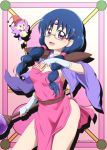  1girl :d absurdres blue_hair breasts card cleavage contrapposto cosplay_request cowboy_shot dress fingerless_gloves gloves go!_princess_precure grey-framed_eyewear hat highres holding holding_card holding_staff long_hair looking_at_viewer medium_breasts nanase_yui niita open_mouth pink_dress precure red_headwear semi-rimless_eyewear shiny shiny_hair short_dress side_slit sideboob sleeveless sleeveless_dress small_breasts smile solo staff standing strapless strapless_dress under-rim_eyewear white_gloves wide_sleeves witch_hat 