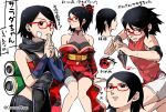  1girl blush boruto:_naruto_next_generations boruto:_naruto_the_movie breasts dress earrings highres jewelry naruto naruto_(series) onenechan open_mouth sharingan skirt uchiha_sarada uchiha_symbol 