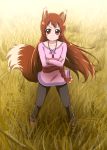  1girl absurdres animal_ears black_pants brown_hair closed_mouth collarbone cosplay crossed_arms day dokidoki!_precure floating_hair full_body highres holo holo_(cosplay) long_hair long_sleeves looking_at_viewer madoka_aguri niita outdoors pants pink_shirt pouch precure red_eyes shiny shiny_hair shirt smile solo spice_and_wolf standing tail twitter_username v-shaped_eyebrows very_long_hair wolf_ears wolf_tail 