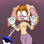 anthro blush bodily_fluids breasts clothed clothing clothing_lift duo female female_focus lagomorph leporid mammal melee_weapon navel nipples notsafeforcurt open_mouth rabbit shirt shirt_lift solo_focus sonic_the_hedgehog_(series) sweat sword topwear vanilla_the_rabbit wardrobe_malfunction weapon 