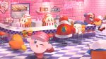  apron bandana_waddle_dee brick_wall can checkered checkered_floor food french_fries hamburger hat highres king_dedede kirby kirby_(series) looking_at_another looking_at_viewer magolor milkshake mr._bright mr._shine napkin ochanoda paint_roller_(kirby) roller_skates sailor_waddle_dee sink skates soda spoon waddle_dee 