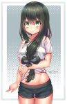  1girl artist_name asui_tsuyu bangs black_eyes black_hair blush boku_no_hero_academia breasts commentary eyebrows_visible_through_hair frog_girl green_hair green_shorts hair_between_eyes hair_rings highres kaptivate long_hair looking_at_viewer low-tied_long_hair shirt short_shorts short_sleeves shorts smile solo striped striped_shirt swimsuit 