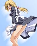  1girl apron back_bow black_dress blonde_hair blue_background blue_eyes blue_panties bow charlotte_dunois dress embarrassed eyebrows_visible_through_hair floating_hair from_side graphite_(medium) hair_between_eyes infinite_stratos kagura_yuuto long_hair long_sleeves looking_at_viewer medium_dress open_mouth panties pantyshot pantyshot_(standing) ponytail shiny shiny_hair sketch solo standing traditional_media underwear waist_apron white_apron white_bow 