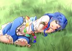  1girl :o blue_hair blue_skirt blush_stickers bow bowtie commentary_request dress eyebrows_visible_through_hair feet_out_of_frame grass head_on_hand hinanawi_tenshi layered_dress long_hair lying no_hat no_headwear on_grass on_ground on_side puffy_short_sleeves puffy_sleeves red_neckwear shiny shiny_hair shirt short_sleeves sidelocks skirt sleeping solo sugiyama_ichirou touhou very_long_hair white_shirt 