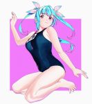  1girl bangs barefoot blue_hair blue_swimsuit breasts closed_mouth eyebrows_visible_through_hair full_body gradient_hair hair_ribbon highres i-19_(kantai_collection) kantai_collection large_breasts long_hair multicolored_hair name_tag ojipon one-piece_swimsuit people pink_eyes pink_hair ribbon school_swimsuit simple_background solo swimsuit tri_tails 