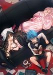  1boy 1girl bangs bare_shoulders black_hair black_jacket black_neckwear black_shorts black_vest blue_eyes blue_hair book bow bowtie breasts cat chest_tattoo circlet cleavage closed_mouth collared_shirt couch cup dangmill dress dress_shirt facial_mark fate/extra fate/extra_ccc fate_(series) forehead_mark glasses gradient_hair hans_christian_andersen_(fate) holding holding_book horns jacket jacket_on_shoulders large_breasts long_hair long_sleeves lying multicolored_hair on_stomach open_book open_clothes open_jacket pages paper parted_bangs parted_lips pink_dress pink_hair pipe reading saucer sesshouin_kiara shirt short_hair shorts sitting smoking tattoo tea teacup typewriter veil very_long_hair vest watch wavy_hair white_shirt wristwatch yellow_eyes 