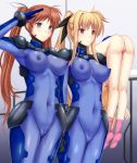  3girls ass blonde_hair blue_eyes blush bodysuit brainwashing breasts brown_hair cameltoe carrying carrying_over_shoulder closed_eyes closed_mouth corruption covered_navel covered_nipples daiaru fate_testarossa groin hair_ornament hair_ribbon highres large_breasts long_hair lyrical_nanoha mahou_shoujo_lyrical_nanoha_strikers multiple_girls nude numbers&#039;_uniform pink_footwear ponytail pussy red_eyes ribbon salute shiny shiny_clothes skin_tight socks standing takamachi_nanoha twintails unconscious vivio 